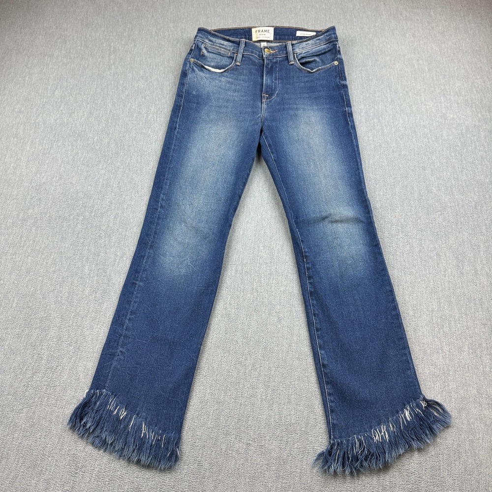 FRAME Jeans 25x26 Le High Straight Frayed Fringe Hem Pants Pockets Classic Zip